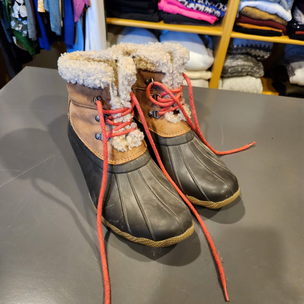 Sperry Tan and Black Boots with Red Accents